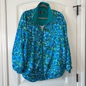 Tropical blue green floral vintage zip up windbreaker jacket est size XL